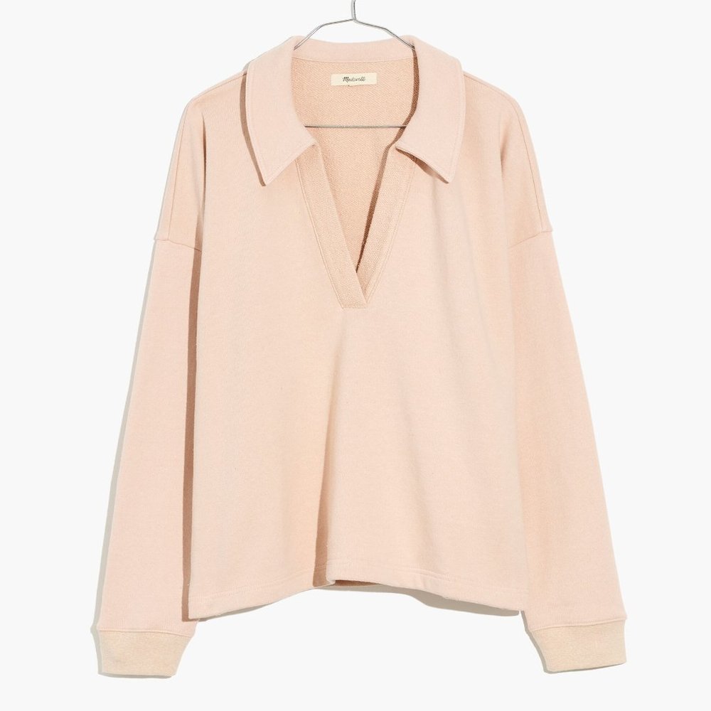 MADEWELL Cotton-Hemp Oversized Polo Sweatshirt Blush Pink